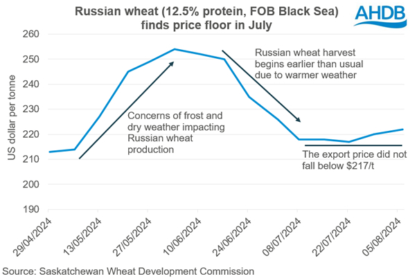 Chart showing Russian wheat (12.5% protein, FOB Black Sea) finds price floor in July.